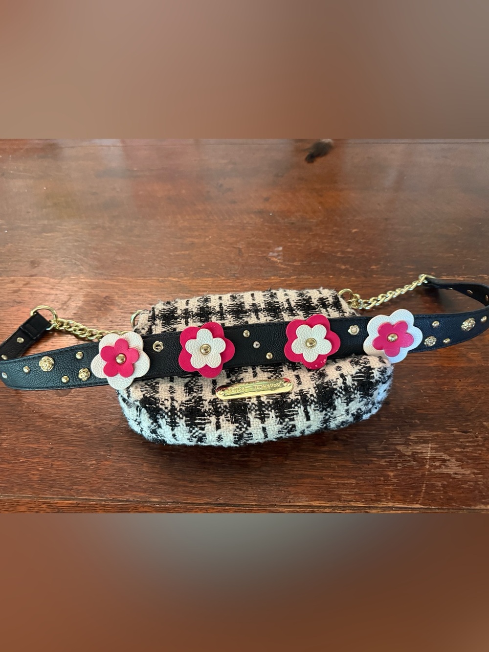 Betsey Johnson Black and White Tweed Shoulder Bag with Floral Strap Accent